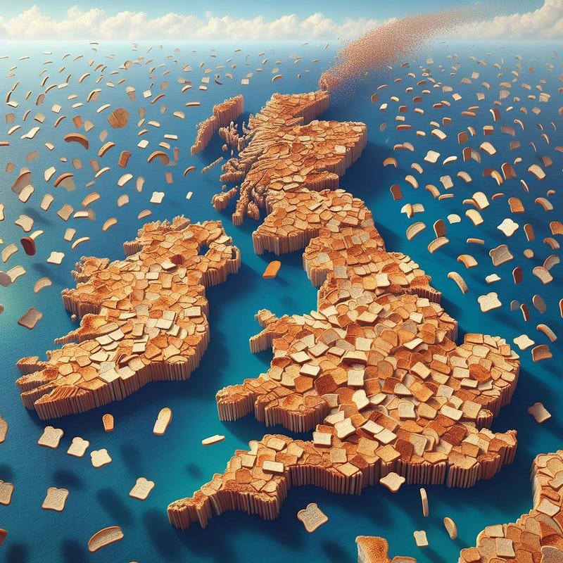 Infographic — 20 million slices of bread suspended in the air at varying heights to create the map of the United Kingdom